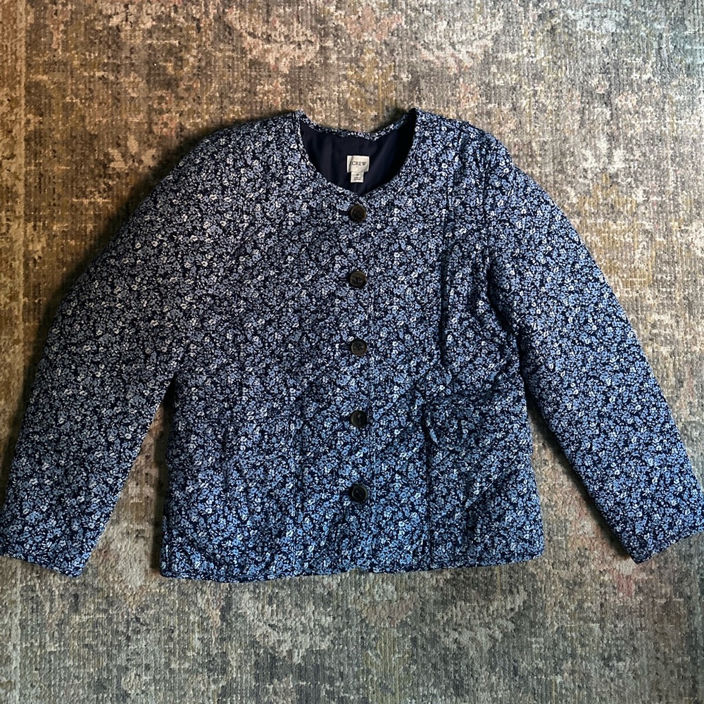 J.Crew Navy Blue Floral Quilted Button Front Jacket Lightweight Coat Preppy Chic - Picture 3 of 10